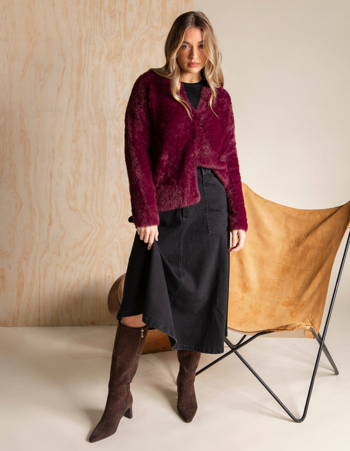 FOXWOOD_KENNY BUTTON CARDI WINE _ KENNY BUTTON CARDI WINE _ Ebony Boutique NZ