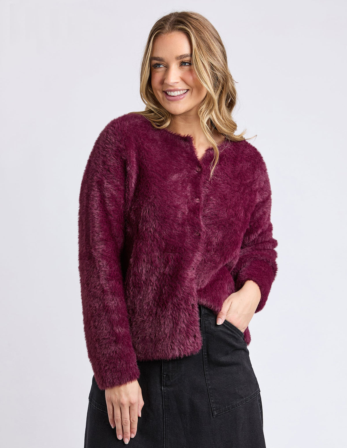 FOXWOOD_KENNY BUTTON CARDI WINE _ KENNY BUTTON CARDI WINE _ Ebony Boutique NZ
