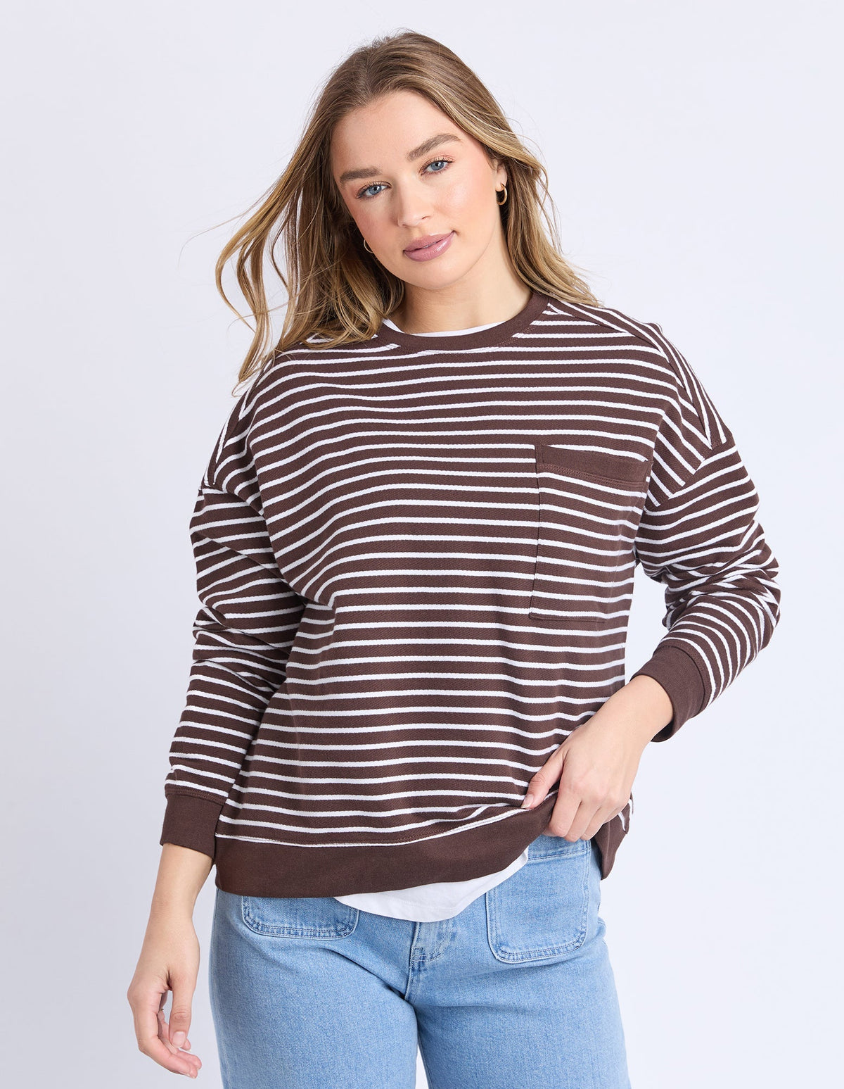 ORIGINAL STRIPE CREW COFFEE/WHITE STRIPE_by_FOXWOOD_women's_in_New Zealand_ FEATURED / FRONT _
