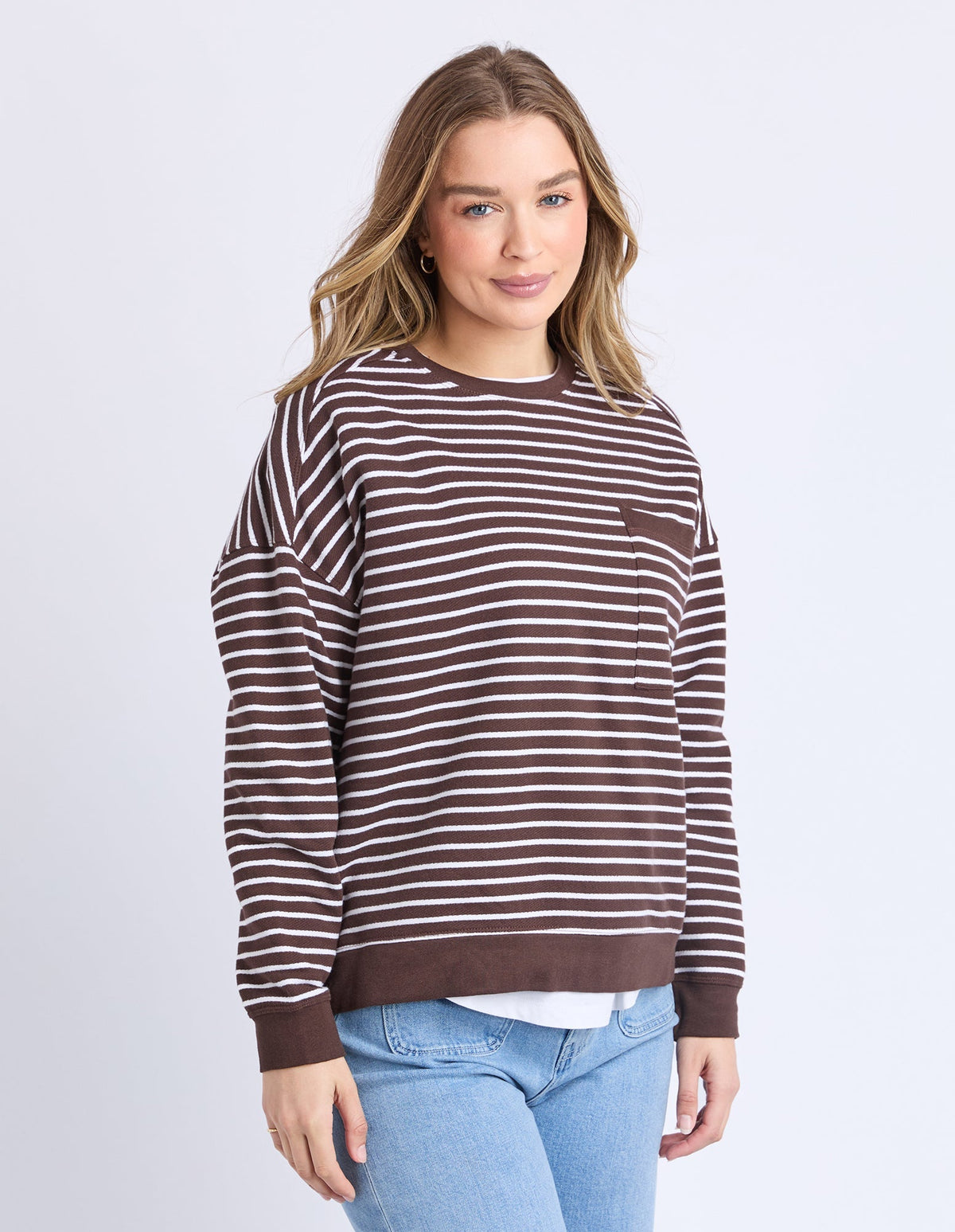 ORIGINAL STRIPE CREW COFFEE/WHITE STRIPE_by_FOXWOOD_women's_in_New Zealand_ ANGLE _