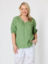 ANNA V-NECK LINEN TOP FERN_by_GORDON SMITH_women's_in_New Zealand_ ANGLE _