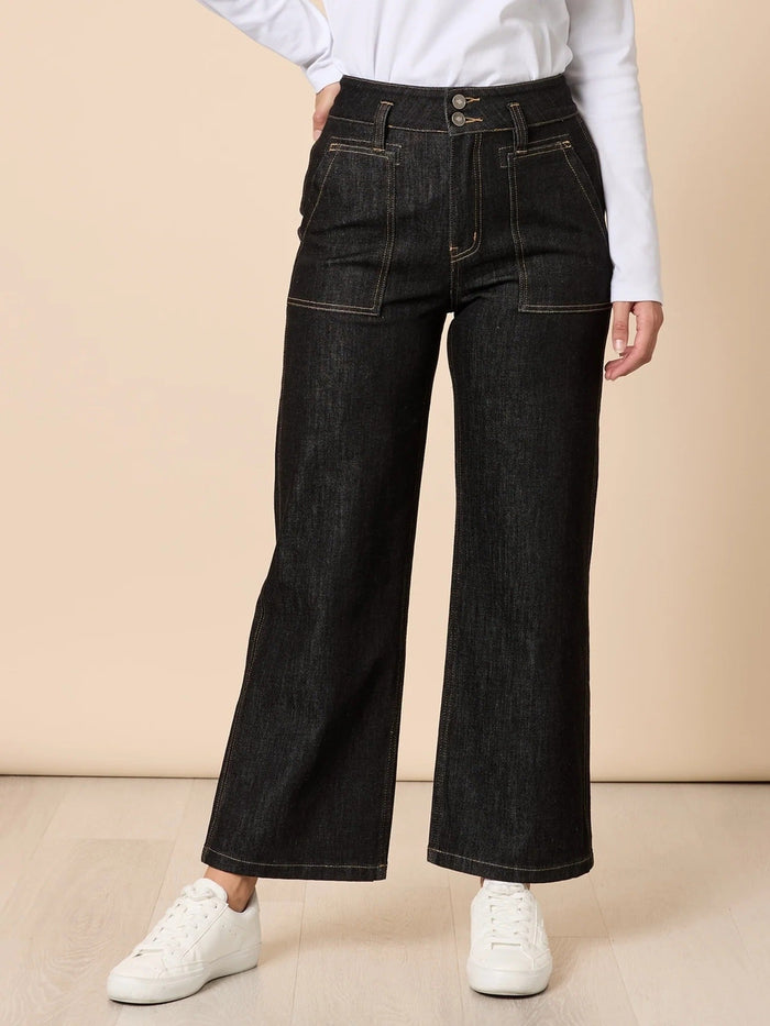HUDSON JEAN BLACK_by_GORDON SMITH_women's_in_New Zealand_ Gordon Smith Hudson Jean Black women’s wide leg jeans for everyday wear in New Zealand, high rise stretch denim jeans with flattering fit perfect for travel, weekends and modern casual styling _