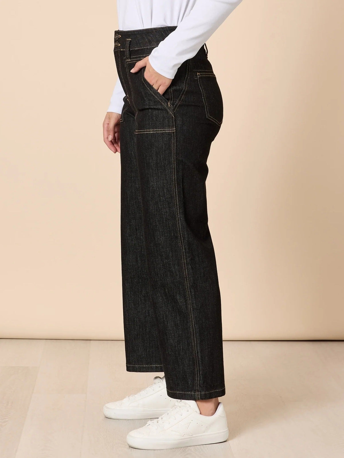 HUDSON JEAN BLACK_by_GORDON SMITH_women's_in_New Zealand_ Gordon Smith Hudson Jean Black wide leg jeans angled view showing structured high rise waist and relaxed full length silhouette _