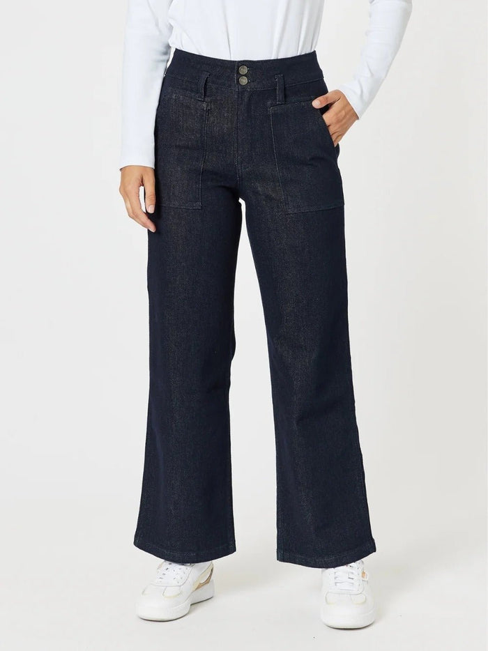 HUDSON JEAN DARK DENIM_by_GORDON SMITH_women's_in_New Zealand_ Gordon Smith Hudson Jean Dark Denim women’s wide leg jeans for everyday wear in New Zealand, high rise stretch denim jeans with flattering fit perfect for travel, weekends and modern casual styling _