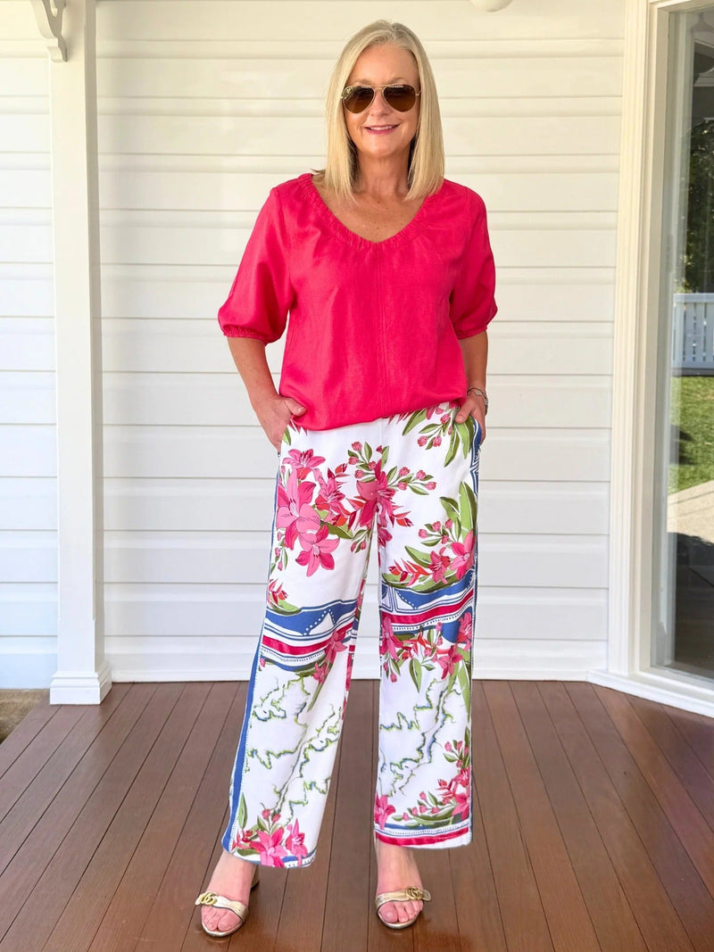 GORDON SMITH_LINO V NECK TOP PEONY _ LINO V NECK TOP PEONY _ Ebony Boutique NZ