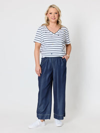 MARINA EMBROIDERED STRIPE PRINT TEE - NAVY/WHITE_by_GORDON SMITH_women's_in_New Zealand_ Marina Embroidered Stripe Print Tee - Navy/White _
