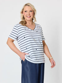 MARINA EMBROIDERED STRIPE PRINT TEE - NAVY/WHITE_by_GORDON SMITH_women's_in_New Zealand_ SIDE _