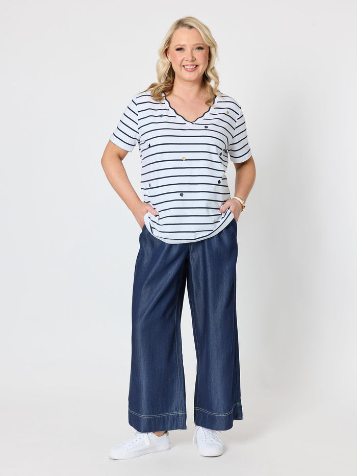 MARINA EMBROIDERED STRIPE PRINT TEE - NAVY/WHITE_by_GORDON SMITH_women's_in_New Zealand_ MODEL _