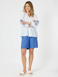 GORDON SMITH_MYKONOS EMBROIDERED SHIRT WHITE BLUE _ MYKONOS EMBROIDERED SHIRT WHITE BLUE _ Ebony Boutique NZ