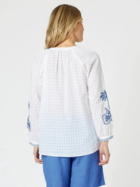 GORDON SMITH_MYKONOS EMBROIDERED SHIRT WHITE BLUE _ MYKONOS EMBROIDERED SHIRT WHITE BLUE _ Ebony Boutique NZ