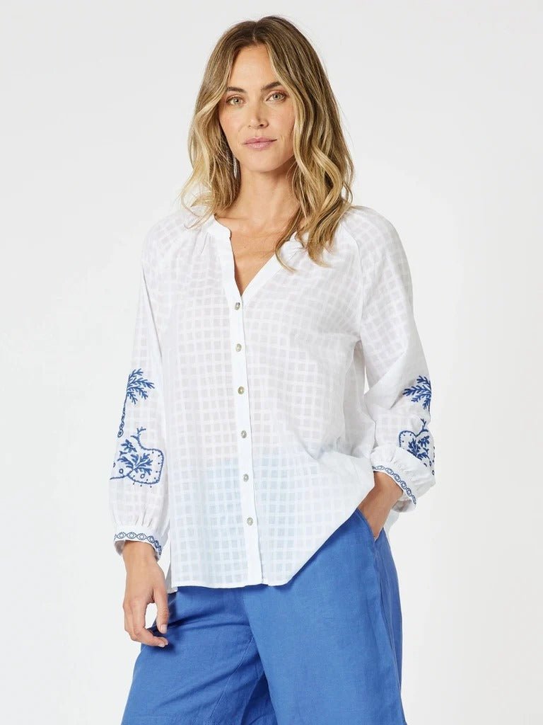 GORDON SMITH_MYKONOS EMBROIDERED SHIRT WHITE BLUE _ MYKONOS EMBROIDERED SHIRT WHITE BLUE _ Ebony Boutique NZ