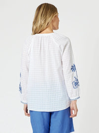 GORDON SMITH_MYKONOS EMBROIDERED SHIRT WHITE BLUE _ MYKONOS EMBROIDERED SHIRT WHITE BLUE _ Ebony Boutique NZ