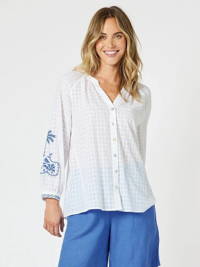 GORDON SMITH_MYKONOS EMBROIDERED SHIRT WHITE BLUE _ MYKONOS EMBROIDERED SHIRT WHITE BLUE _ Ebony Boutique NZ
