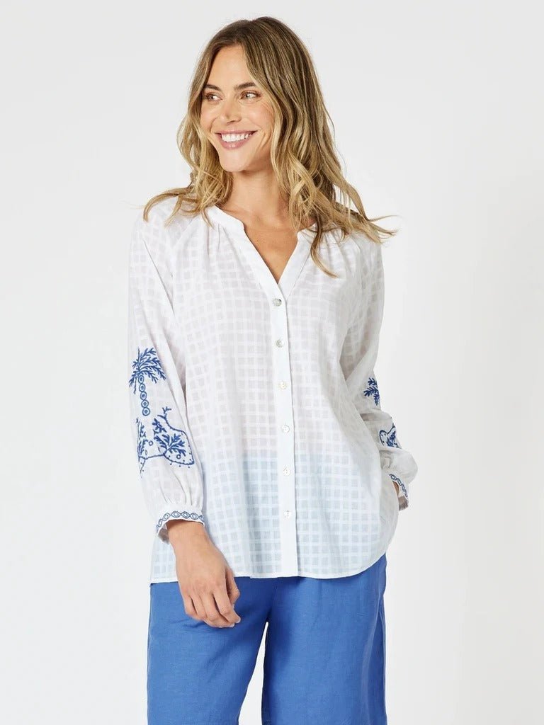 GORDON SMITH_MYKONOS EMBROIDERED SHIRT WHITE BLUE _ MYKONOS EMBROIDERED SHIRT WHITE BLUE _ Ebony Boutique NZ