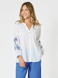 GORDON SMITH_MYKONOS EMBROIDERED SHIRT WHITE BLUE _ MYKONOS EMBROIDERED SHIRT WHITE BLUE _ Ebony Boutique NZ