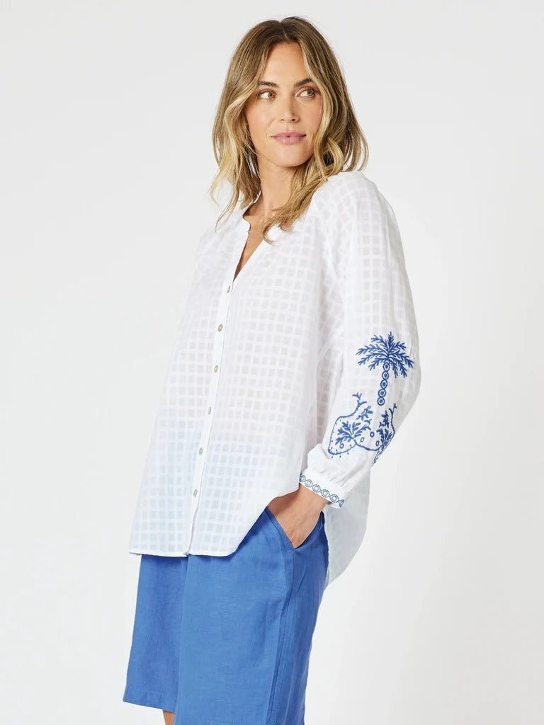 GORDON SMITH_MYKONOS EMBROIDERED SHIRT WHITE BLUE _ MYKONOS EMBROIDERED SHIRT WHITE BLUE _ Ebony Boutique NZ