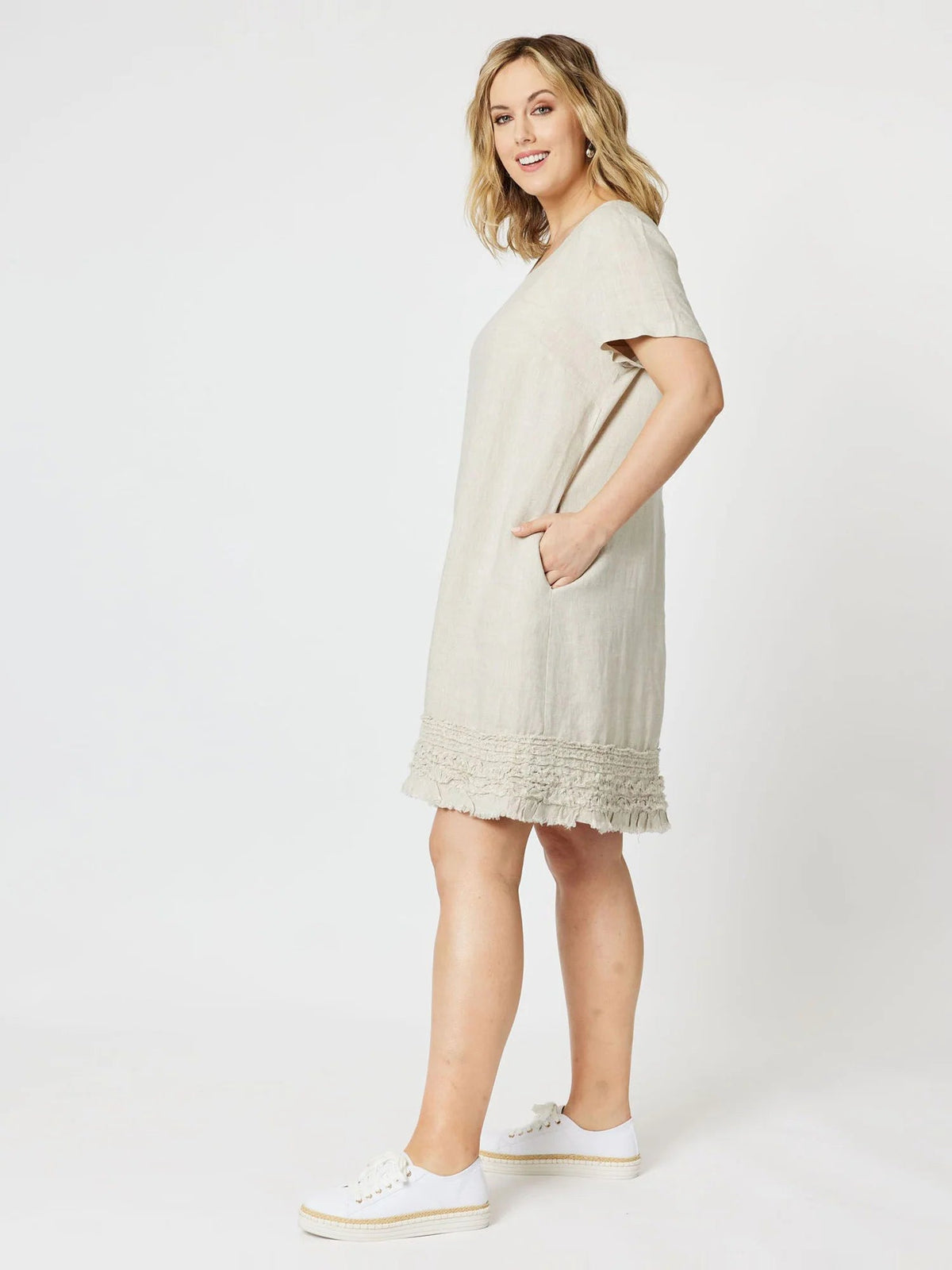 GORDON SMITH_RUFFLE HEM LINEN DRESS _ RUFFLE HEM LINEN DRESS _ Ebony Boutique NZ