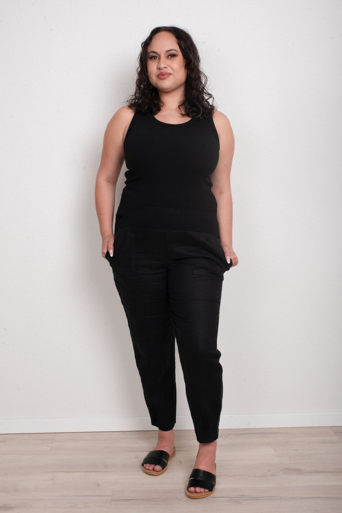 GORDON SMITH_SARAH LINEN PANT JERSEY WAIST BLACK _ SARAH LINEN PANT JERSEY WAIST BLACK _ Ebony Boutique NZ