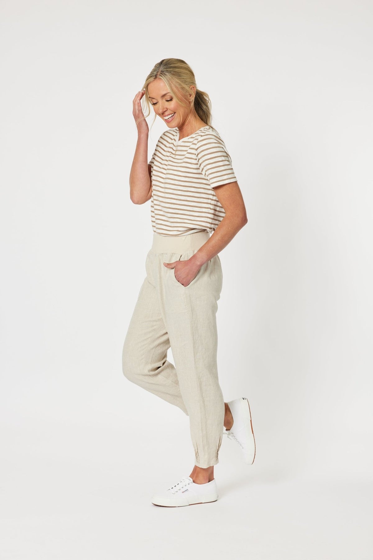 GORDON SMITH_SARAH LINEN PANT JERSEY WAIST NATURAL _ SARAH LINEN PANT JERSEY WAIST NATURAL _ Ebony Boutique NZ