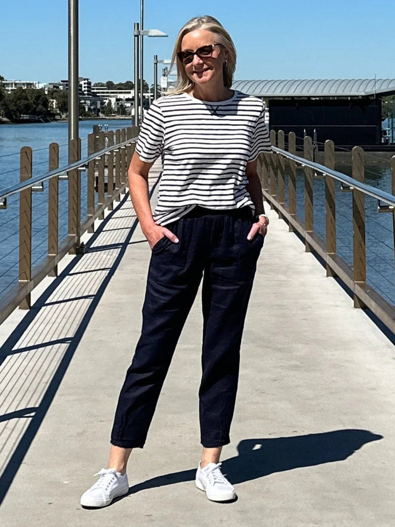 GORDON SMITH_SARAH LINEN PANT JERSEY WAIST NAVY _ SARAH LINEN PANT JERSEY WAIST NAVY _ Ebony Boutique NZ