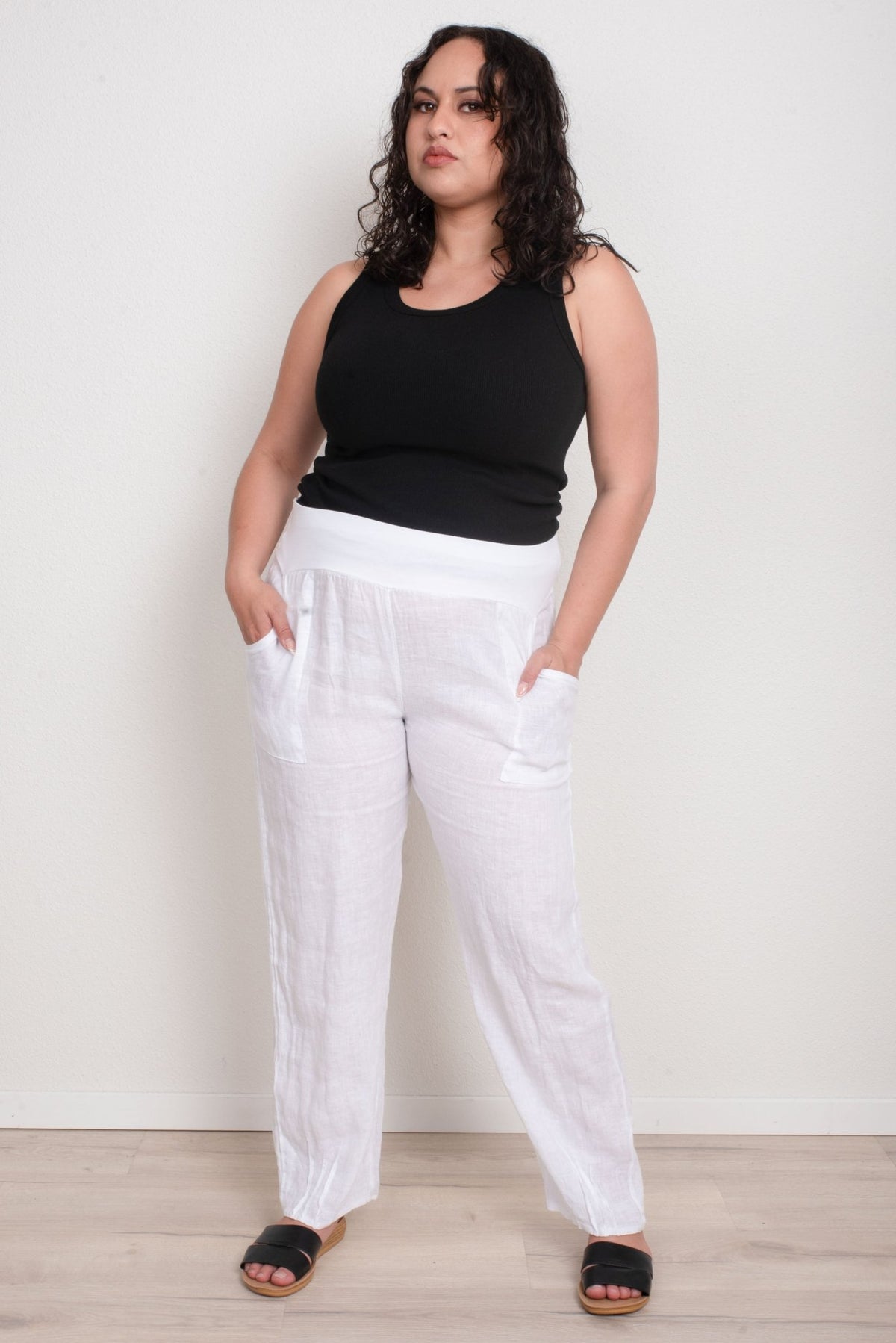 GORDON SMITH_SARAH LINEN PANT JERSEY WAIST WHITE _ SARAH LINEN PANT JERSEY WAIST WHITE _ Ebony Boutique NZ