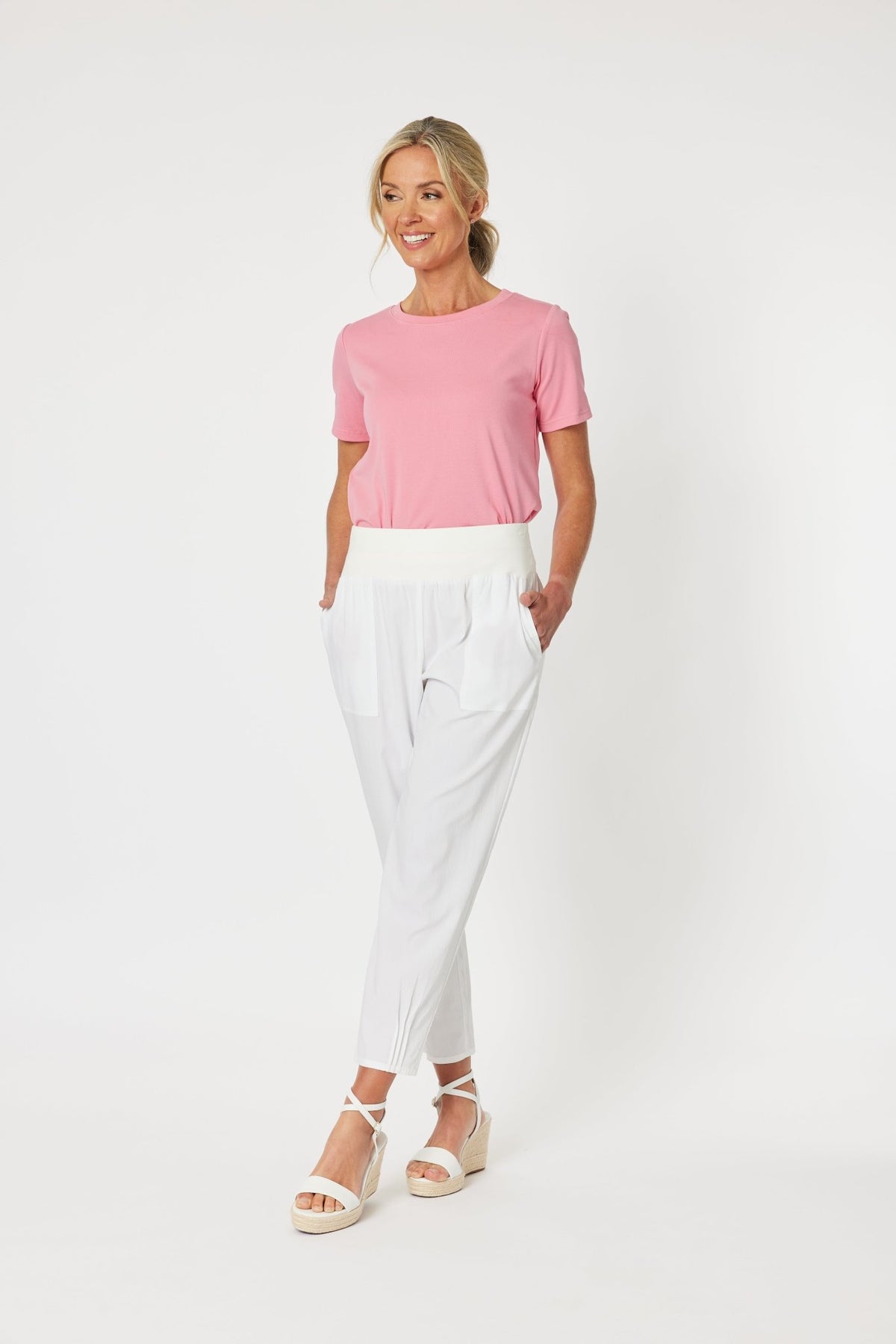 GORDON SMITH_SARAH LINEN PANT JERSEY WAIST WHITE _ SARAH LINEN PANT JERSEY WAIST WHITE _ Ebony Boutique NZ