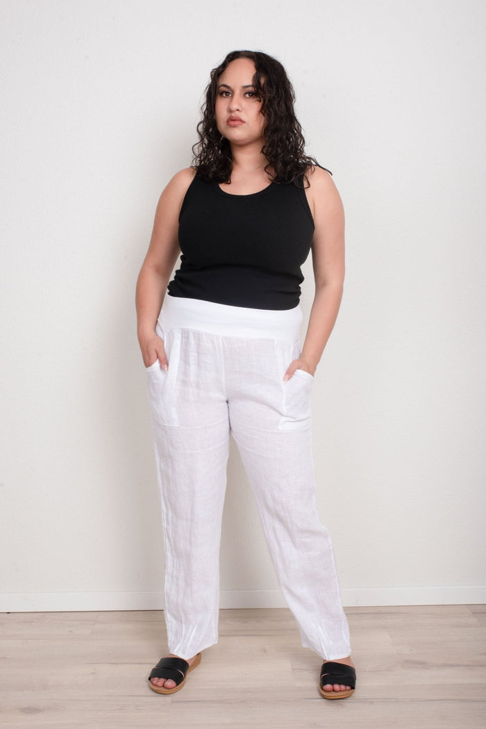 GORDON SMITH_SARAH LINEN PANT JERSEY WAIST WHITE _ SARAH LINEN PANT JERSEY WAIST WHITE _ Ebony Boutique NZ