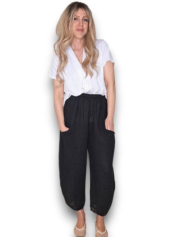 HELGA MAY_BARREL LINEN PANTS BLACK _ BARREL LINEN PANTS BLACK _ Ebony Boutique NZ