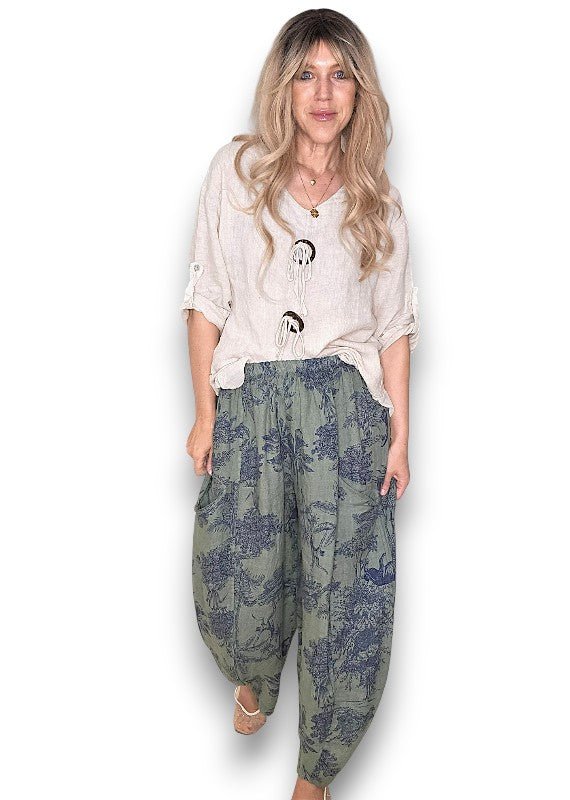 HELGA MAY_BARREL LINEN PANTS FRENCH TOILLE FOREST _ BARREL LINEN PANTS FRENCH TOILLE FOREST _ Ebony Boutique NZ