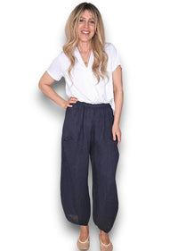 HELGA MAY_BARREL LINEN PANTS NAVY _ BARREL LINEN PANTS NAVY _ Ebony Boutique NZ