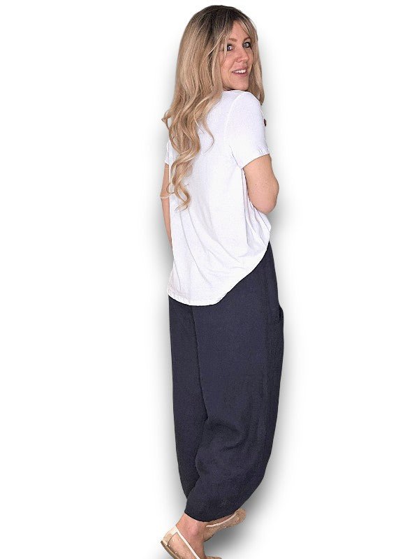 HELGA MAY_BARREL LINEN PANTS NAVY _ BARREL LINEN PANTS NAVY _ Ebony Boutique NZ