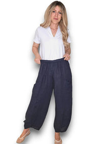 HELGA MAY_BARREL LINEN PANTS NAVY _ BARREL LINEN PANTS NAVY _ Ebony Boutique NZ
