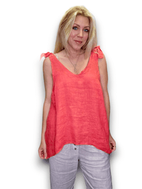 HELGA MAY_BOW SINGLET LINEN TOP LINEN CORAL _ BOW SINGLET LINEN TOP LINEN CORAL _ Ebony Boutique NZ