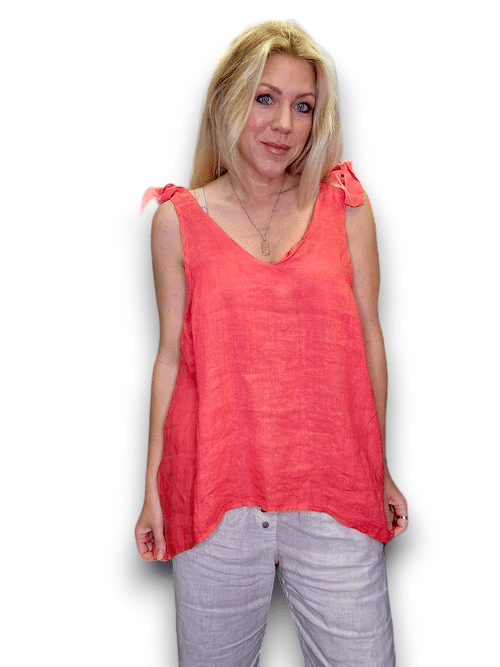 HELGA MAY_BOW SINGLET LINEN TOP LINEN CORAL _ BOW SINGLET LINEN TOP LINEN CORAL _ Ebony Boutique NZ