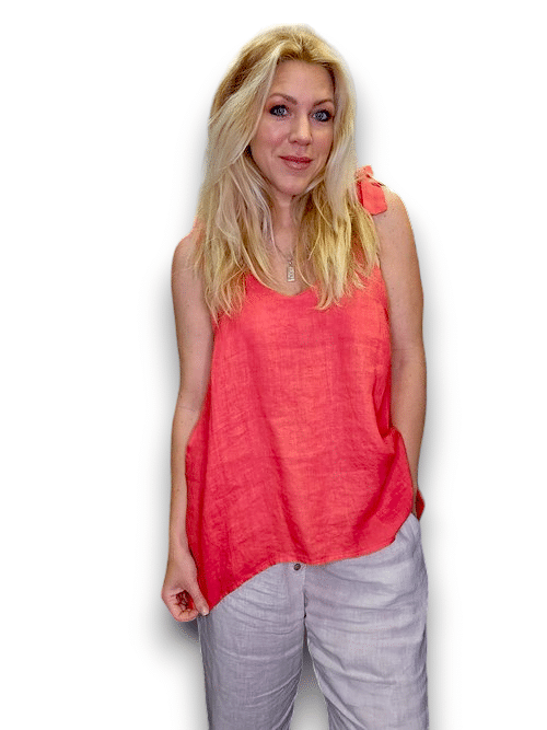 HELGA MAY_BOW SINGLET LINEN TOP LINEN CORAL _ BOW SINGLET LINEN TOP LINEN CORAL _ Ebony Boutique NZ