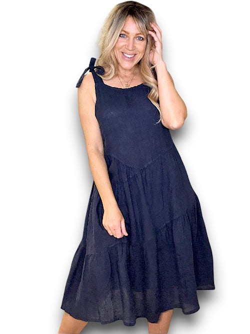 HELGA MAY_BOW TIE LINEN SUMMER DRESS NAVY _ BOW TIE LINEN SUMMER DRESS NAVY _ Ebony Boutique NZ