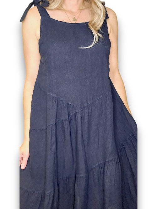 HELGA MAY_BOW TIE LINEN SUMMER DRESS NAVY _ BOW TIE LINEN SUMMER DRESS NAVY _ Ebony Boutique NZ