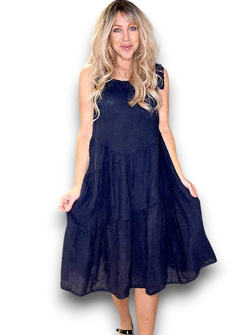 HELGA MAY_BOW TIE LINEN SUMMER DRESS NAVY _ BOW TIE LINEN SUMMER DRESS NAVY _ Ebony Boutique NZ