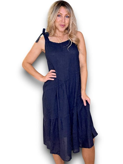 HELGA MAY_BOW TIE LINEN SUMMER DRESS NAVY _ BOW TIE LINEN SUMMER DRESS NAVY _ Ebony Boutique NZ