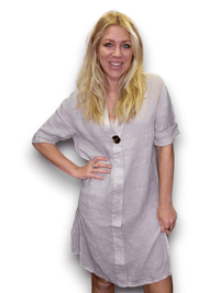 HELGA MAY_BRASS BUTTON DRESS TUNIC LINEN BEIGE _ BRASS BUTTON DRESS TUNIC LINEN BEIGE _ Ebony Boutique NZ