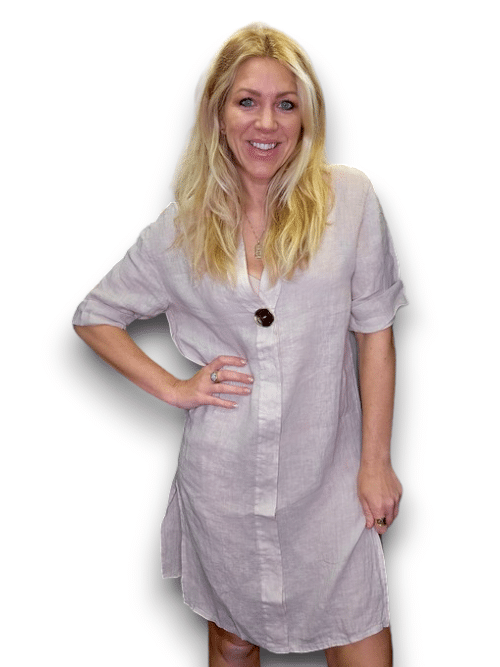 HELGA MAY_BRASS BUTTON DRESS TUNIC LINEN BEIGE _ BRASS BUTTON DRESS TUNIC LINEN BEIGE _ Ebony Boutique NZ