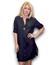 HELGA MAY_BRASS BUTTON DRESS TUNIC LINEN BLACK _ BRASS BUTTON DRESS TUNIC LINEN BLACK _ Ebony Boutique NZ
