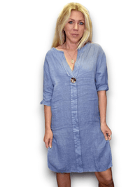 HELGA MAY_BRASS BUTTON DRESS TUNIC LINEN PETROL _ BRASS BUTTON DRESS TUNIC LINEN PETROL _ Ebony Boutique NZ