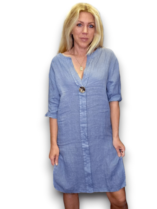 HELGA MAY_BRASS BUTTON DRESS TUNIC LINEN PETROL _ BRASS BUTTON DRESS TUNIC LINEN PETROL _ Ebony Boutique NZ