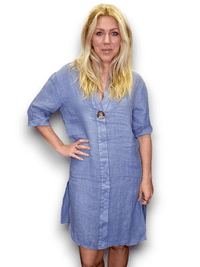 HELGA MAY_BRASS BUTTON DRESS TUNIC LINEN PETROL _ BRASS BUTTON DRESS TUNIC LINEN PETROL _ Ebony Boutique NZ