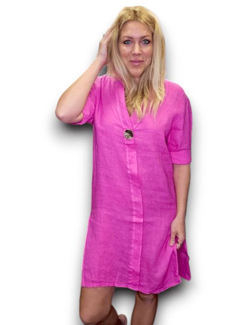 HELGA MAY_BRASS BUTTON DRESS TUNIC LINEN PINK _ BRASS BUTTON DRESS TUNIC LINEN PINK _ Ebony Boutique NZ