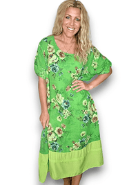 HELGA MAY_BUTTON SLEEVE HEM DRESS LINEN BUNDLE FLORA BRIGHT GREEN _ BUTTON SLEEVE HEM DRESS LINEN BUNDLE FLORA BRIGHT GREEN _ Ebony Boutique NZ