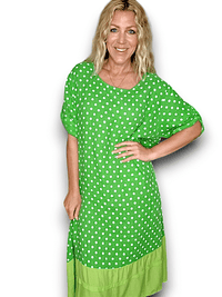 HELGA MAY_BUTTON SLEEVE HEM DRESS LINEN POLKA DOT BRIGHT GREEN _ BUTTON SLEEVE HEM DRESS LINEN POLKA DOT BRIGHT GREEN _ Ebony Boutique NZ