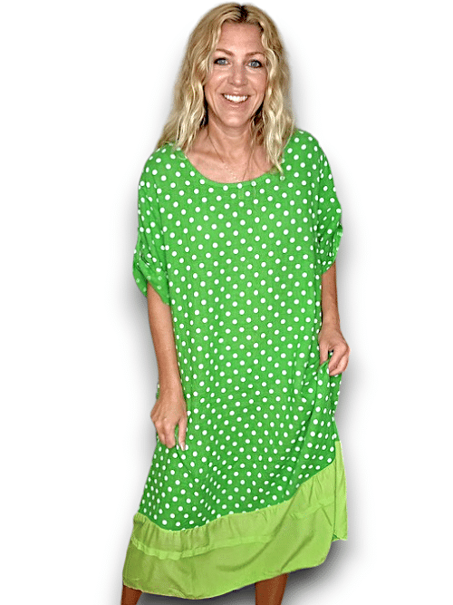 HELGA MAY_BUTTON SLEEVE HEM DRESS LINEN POLKA DOT BRIGHT GREEN _ BUTTON SLEEVE HEM DRESS LINEN POLKA DOT BRIGHT GREEN _ Ebony Boutique NZ