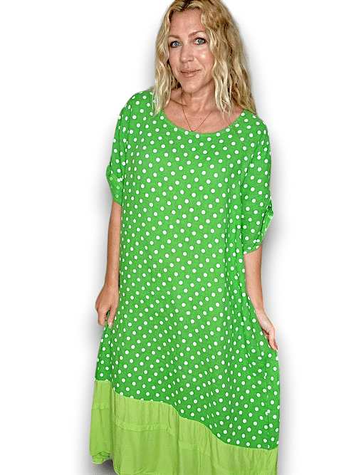 HELGA MAY_BUTTON SLEEVE HEM DRESS LINEN POLKA DOT BRIGHT GREEN _ BUTTON SLEEVE HEM DRESS LINEN POLKA DOT BRIGHT GREEN _ Ebony Boutique NZ